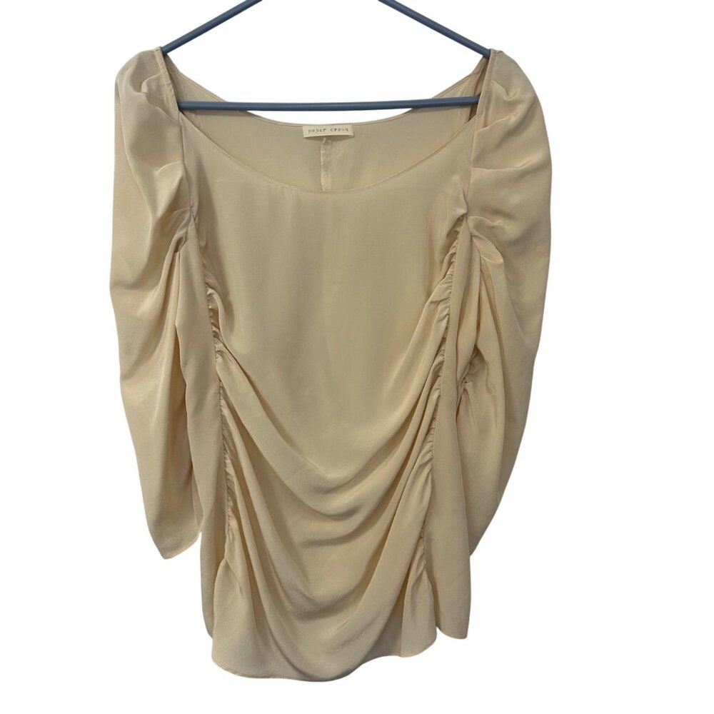 Paper Crown Silk Chiffon Ruched Puff Sleeve Top Blouse Size L Ivory Coquette